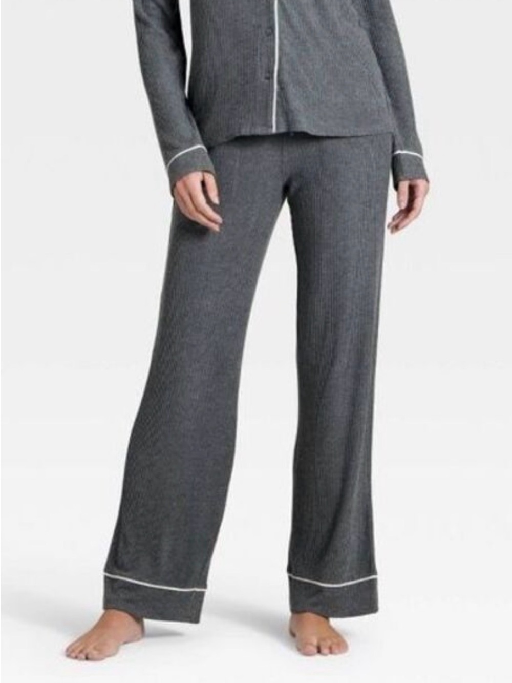 Auden Ribbed Knit Pajama Pants in Grey with Contrast Piping